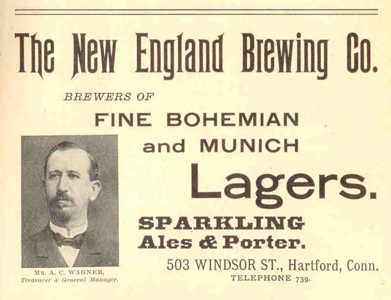 An ad for New England Brewing Co. (1907, Geers Directory). That's the A.C. Wagner, architect of our 13 Cataract building. [IMAGE THANKS TO: Joel Helfrich, Adjunct Assist. Prof. of History, MCC]