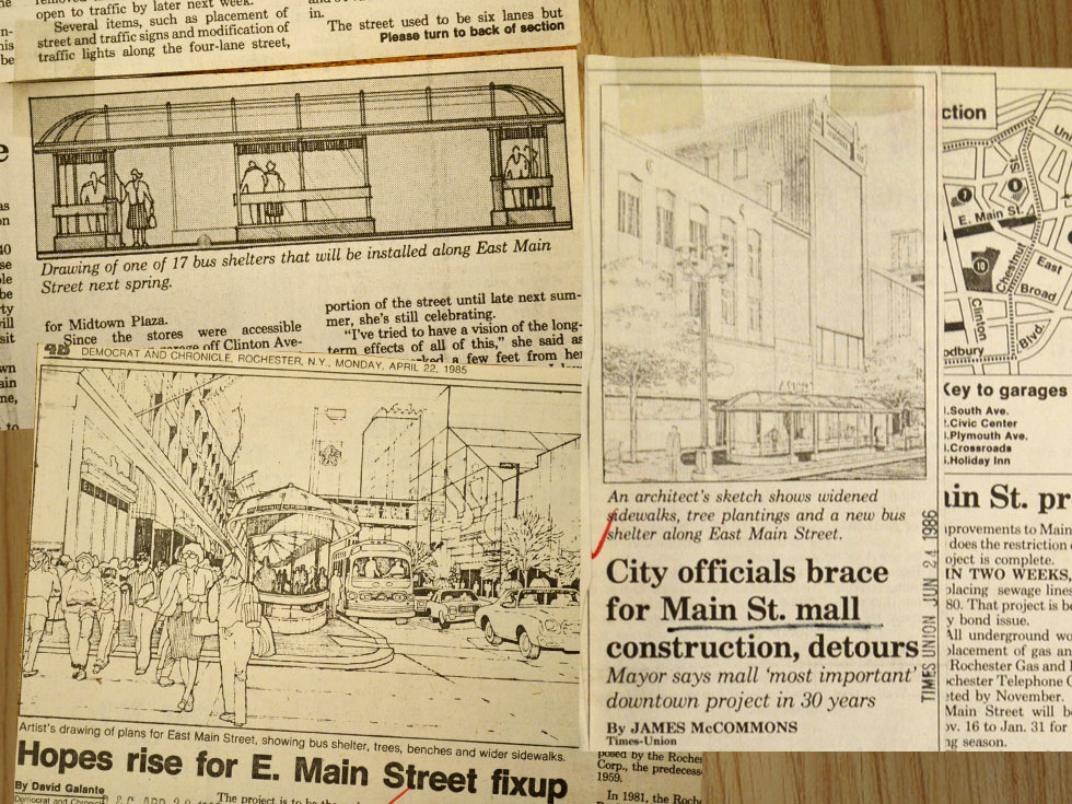 These Main Street shelters were designed by the firm Johnson, Johnson and Roy (Detroit) as part of the Main Street Improvement Project c.1986-1989. [IMAGES: Democrat and Chronicle, and Rochester Times Union]