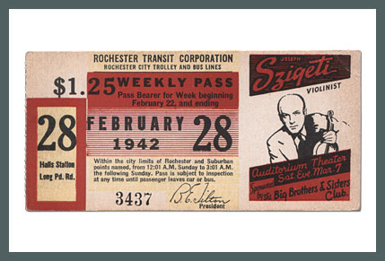 Original Bus & Trolley Ticket, Rochester Transit Corporation, 1942
