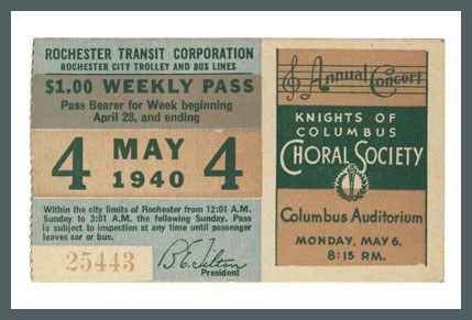 Original Bus & Trolley Ticket, Rochester Transit Corporation, 1940