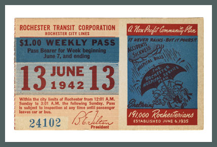 Original Bus & Trolley Ticket, Rochester Transit Corporation, 1942