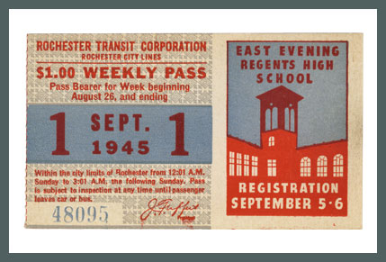 Original Bus & Trolley Ticket, Rochester Transit Corporation, 1945