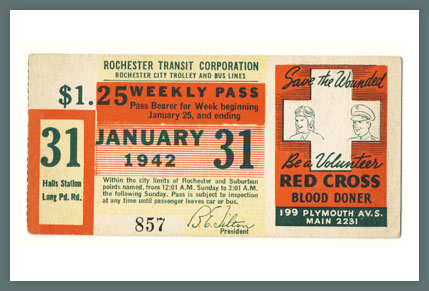 Original Bus & Trolley Ticket, Rochester Transit Corporation, 1942