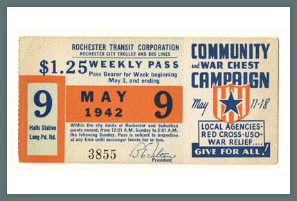 Original Bus & Trolley Ticket, Rochester Transit Corporation, 1942