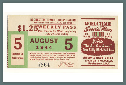 Original Bus & Trolley Ticket, Rochester Transit Corporation, 1944