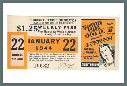 Original Bus & Trolley Ticket, Rochester Transit Corporation, 1944