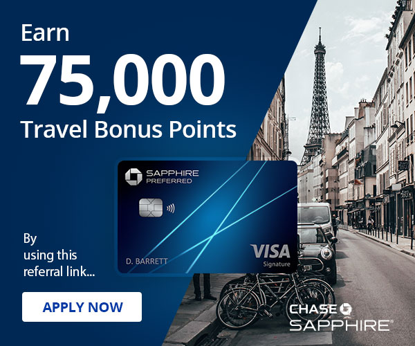Earn 75,000 Bonus Points for travel with the Chase Sapphire card when you use this referral link. Earn 75,000 Bonus Points for travel with the Chase Sapphire card when you use this referral link.