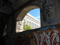 Looking through an arch at the Rundel library.