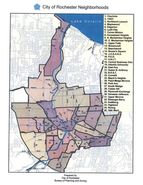 These are the neighborhoods of Rochester NY. Charlotte is the one at the top.