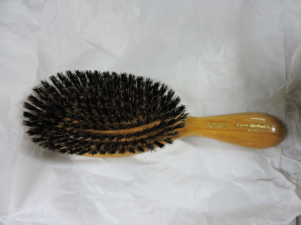 Harper brush, used in the robust brushing of the hair and scalp in order to stimulate hair growth. In the collection at the Rochester Museum and Science Center. [PHOTO: Joanne Brokaw]