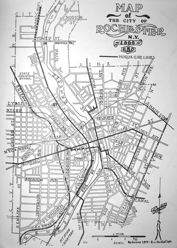 Rochester City & Brighton route map (1866). Follow the dark lines.