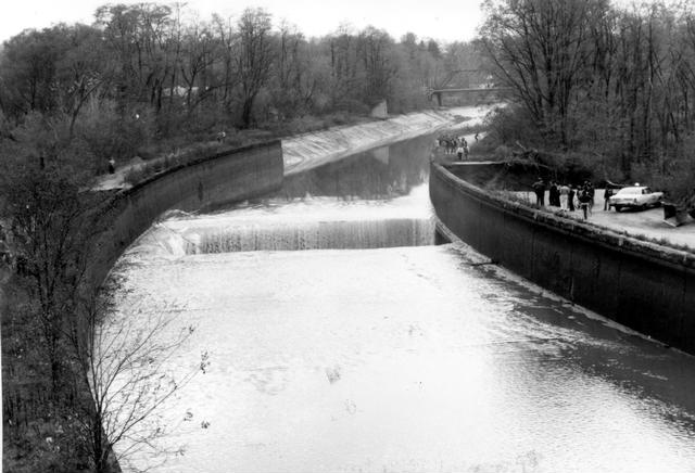 On October 29, 1974 the bottom fell out (literally) while a new sewer tunnel was being built underneath the canal, again, at Bushnell's Basin. [PHOTO: Perinton Municipal Historian collection]