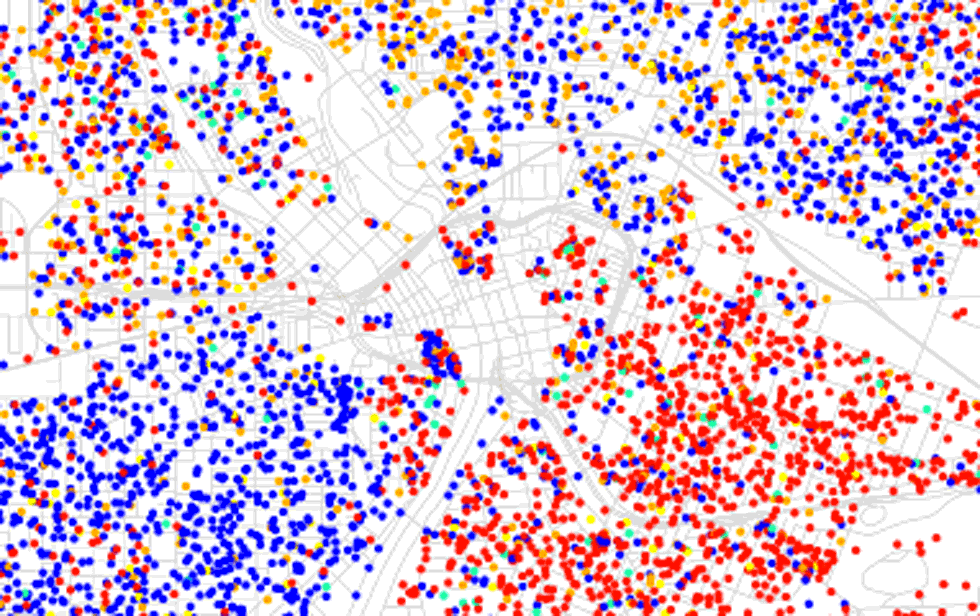 A closeup of downtown Rochester. Notice the distinct quadrants. Red = Caucasians, Blue = African American, Green = Asian, Orange = Hispanic/Latino, Yellow = Other. Each dot represents 25 residents. [FLICKr: Eric Fischer]