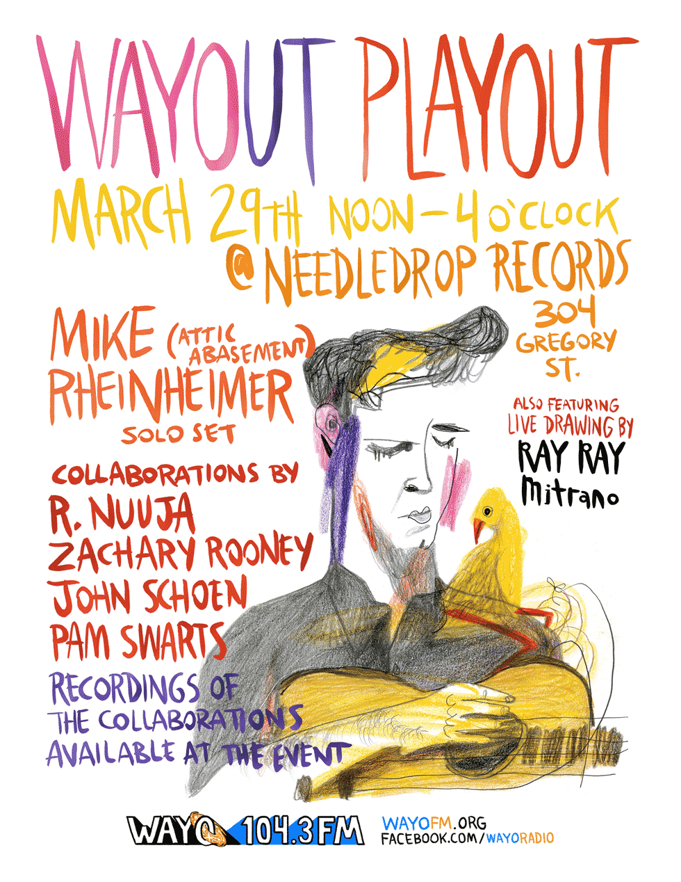 On March 29 at Needledrop Records four musicians – R. Nuuja, Zachary Rooney, John Schoen, and Pam Swarts – will collaborate to create two 15 minute pieces live in the store.